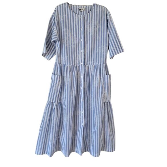 KEYLOUN Vintage Women's Midi Dress Cottage Core Striped Blue White Sz M Farmcore - Picture 1 of 8